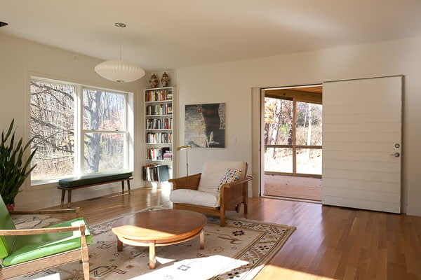 Bill Penner Architect House Gambier, OH living room with view of porch